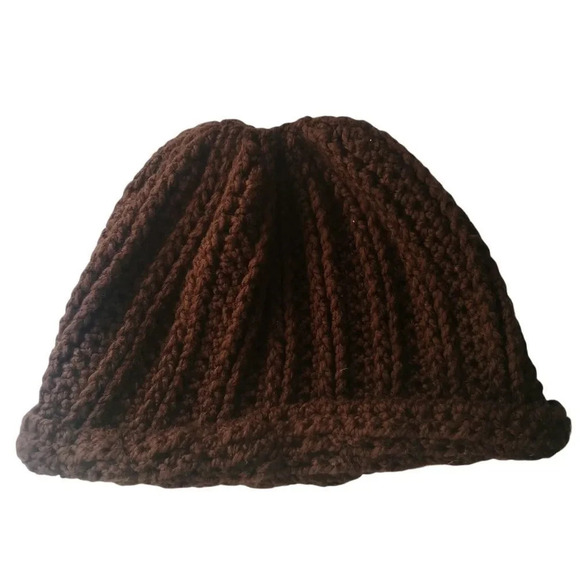 Handmade Ribbed  Acrylic Tuque Brown Beanie Very Warm Knitted - Picture 1 of 4